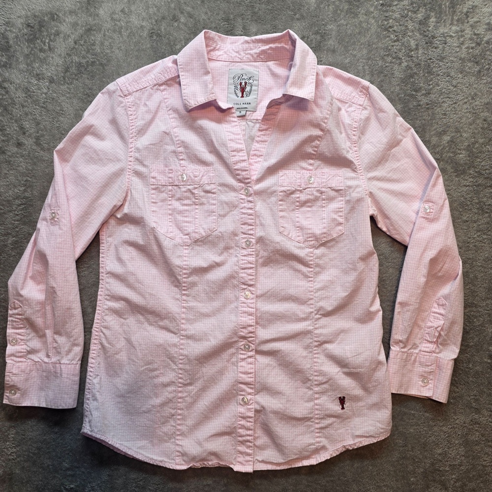 Cole Haan Button Up Shirt Womens S Pink Check Lobster Embroidered Long Sleeve